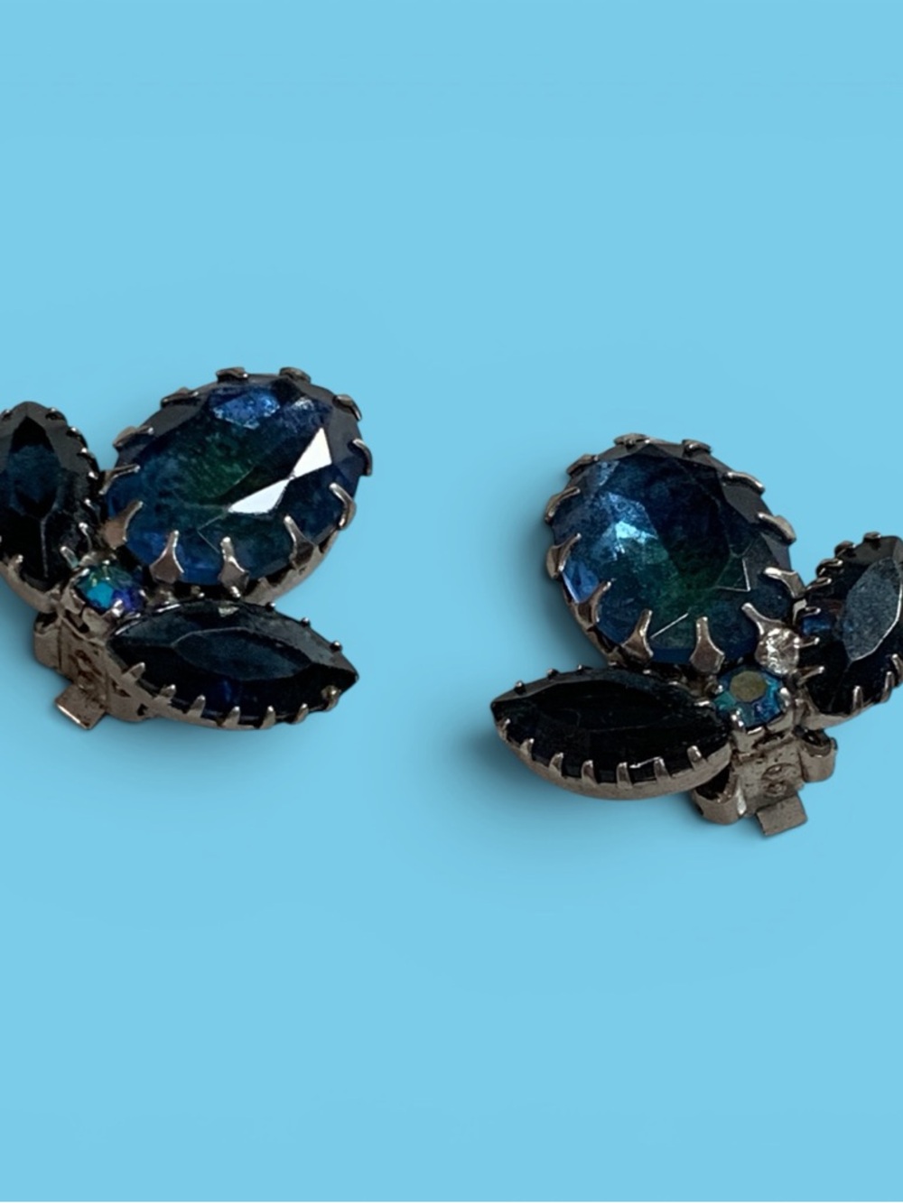 Vintage Blue Rhinestone Clip-On Earrings — Possibly Juliana